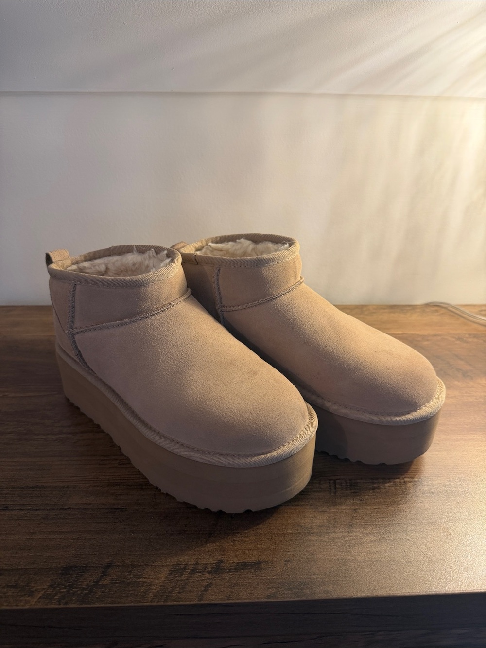 Women's Platform Shearling-Lined Ankle Ugg Boots - Beige
